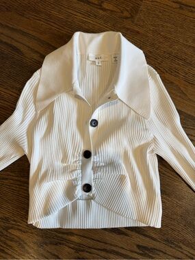 A.L.C. White Ribbed Button-Down Top with Gathered Waist